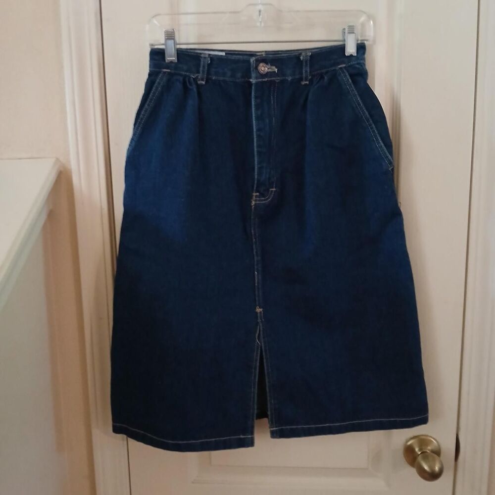 Vintage 1980s Hunter’s Glen Dark Blue Denim Midi Skirt 11/12 Capsule Wardrobe